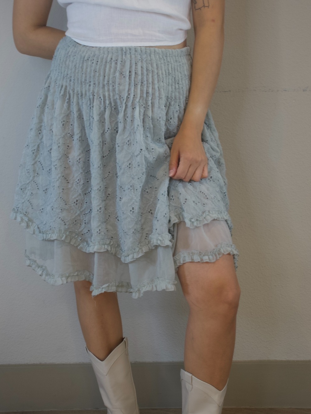 Free People Extratropical Eyelet Tiered Mini Skirt Sky Gray Size S